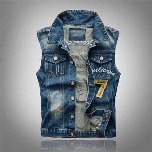 Yelek erkek New Mens Patches Design Jeans Vest Ripped Denim Waistcoat Men Denim Vest Man Sleeveless Jeans Vest Frayed size 5XL