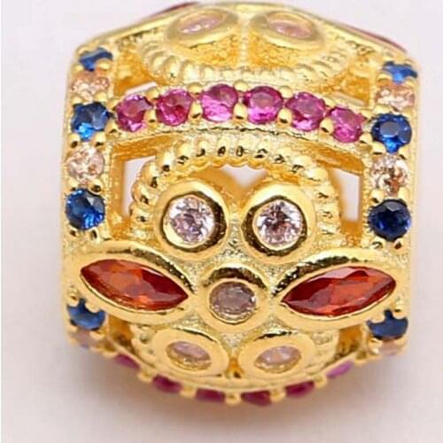 Original Gold Color Fresco Flower With Multi-Colored Crystal Bead Fit 925 Sterling Silver Charm Bracelet DIY Jewelry