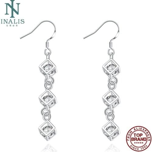 INALIS Silver Plated Drop Earrings Square Pendant With Transparent Cubic Zircon Womens Earrings Western Style Fashion Jewelry