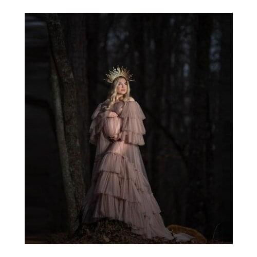 Chic Long Tulle Robes For Photo Shoot Boat Neck Long Sleeves Ruffles Tiered Custom Made Plus Size Maternity Dresses Gown