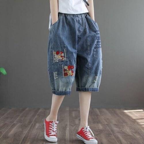 Oversized Denim Shorts Womens High-waist Cropped Trousers Loose and Thin Retro Embroidery Wide-leg Pants Women Trend