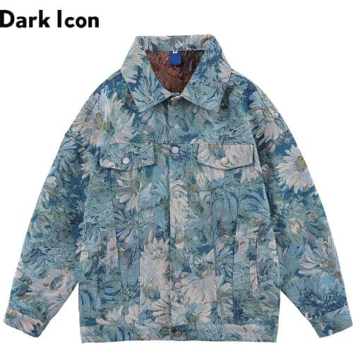 Dark Icon Floral Jacquard Denim Jackets Men Women Oversized Mens Jean Jacket Couple Clothing
