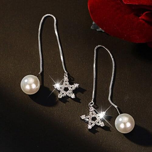 HUAMI Star Pearl Earrings Dangle Drop for Women Jewelry Long Tassel Silver AAA Zircon Shine Fashion Jewelry Boucle Oreille Gift