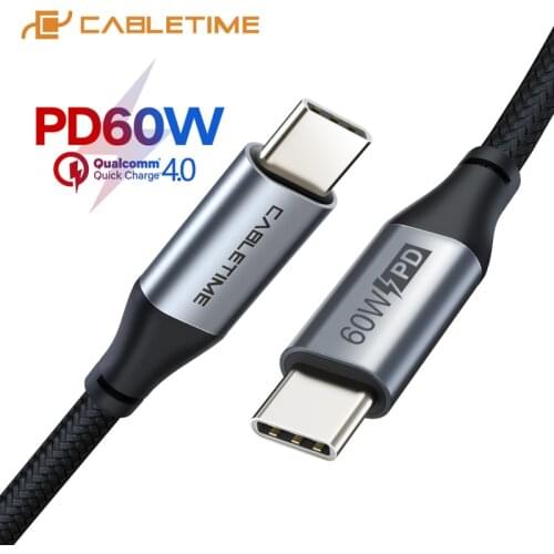 CABLETIME PD 60W Cable USB C to USB Type-C QC 4.0 Fast Charge Data Cable for Xiaomi Redmi Macbook Air Samsung S10 C255