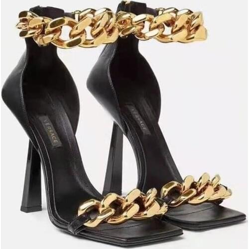 Women Sandals Zip Square Toe Sandals Thin High Heels Female Metal Chain Decoration Solid Color Shoes Open Toe Summer Party Shoes