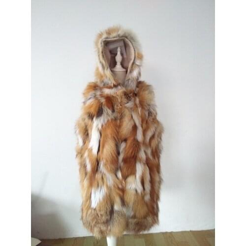 Free shipping Genuine /natural/real fox fur vest womens long red fox fur vest with hood gilet