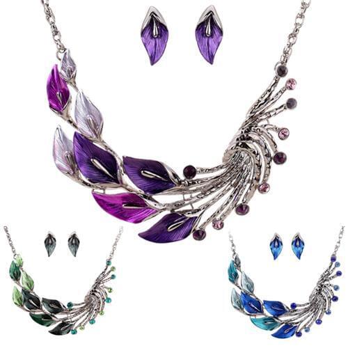 HOT SALES Retro Tibetan Leaf Peacock Crystal Rhinestone Drop Earrings Short Necklace Luxury Women Jewelry Sets Green/Blue/Purple