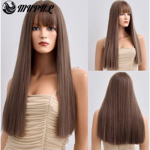 Daily Brown Long Straight Hair Synthetic Wig with Bangs for Women Natural Colored Heat Resistant Cosplay Wavy Fibre Female Wigs