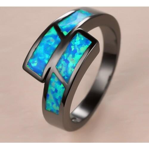 Cute Female Blue Opal Stone Ring Charm 14KT Black Gold Big Wedding Rings For Women Luxury Bride Geometric Engagement Ring