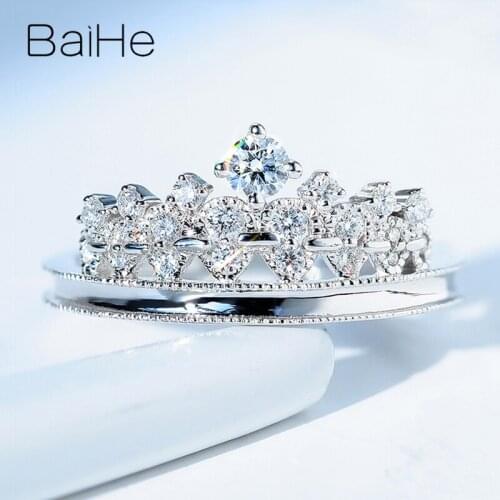 BAIHE Solid 14K White Gold 0.34ct H/SI Round Natural Diamonds Wedding Ring Women Trendy Fine Jewelry Gift Crown diamond Ring