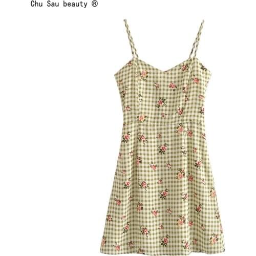Summer 2021 Prairie Chic Slim Floral Print Spaghetti Strap Folds Dress Plaid A-Line Dresses Women Zipper Vestido Chic Female