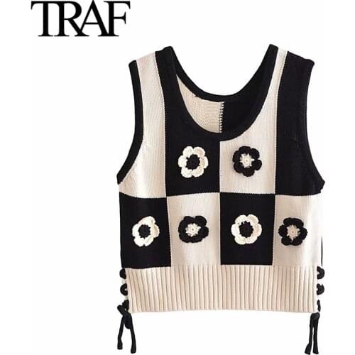 Traf Za Women Clothing Vintage Cropped Sweater Vests High Fashion Side Bow Tie Preppy Cute Flower Knitted Tank Tops Mujer