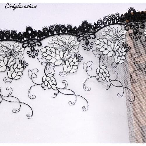 1Meter 23cm Width Black Edge White Lace fabrics Floral Embroidered Lace Trims DIY Sewing Dress Clothing Materials Lace Appliques