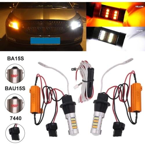 2Pcs/set BAU15S 1156 BA15S T20 7440 Dual Color Led Car DRL Turn Light 42SMD 2835 Auto Daytime Running Light With Decoder