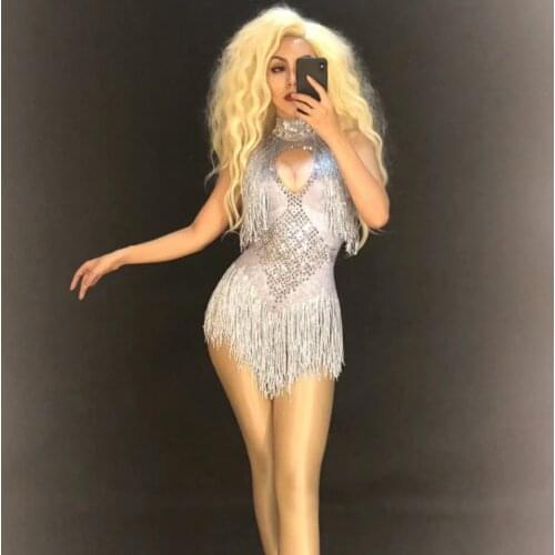 6 Colors Sparkly Rhinestones Tassel Leotard Nightclub Dance DS Show Stage Wear Stretch Bodysuit Party Female Singer Outfit