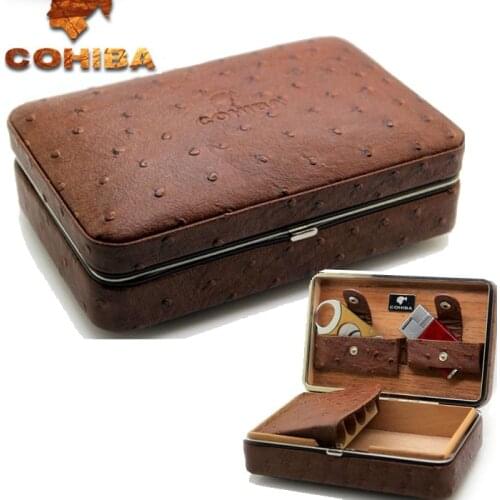 Wood & Leather cigar humidors,cutter,Inflatable windproof gas lighter set Portable travel Cigar box,case