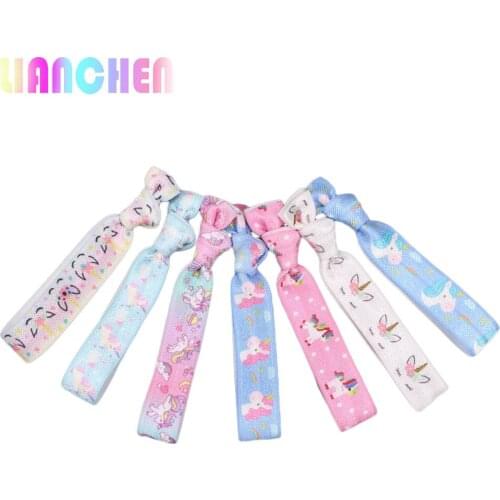 300pcs/ lot ,5/8"Print stretch unicorn horn knotted hair band elastic band FOE elastic hair accessories