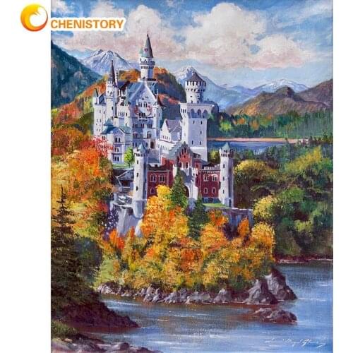 CHENISTORY River Castle Landscape Oil Picture By Numbers Kits For Adults Children 40x50cm Frame Acrylic Pigment Drawing Wall Dec