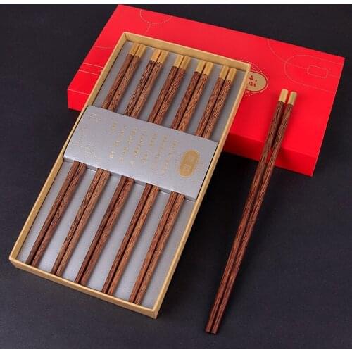 Chinese Chopsticks Set Reusable Chopsticks Gift Box Natural High Quality WengeWood Household Wooden Set Round Tableware Set