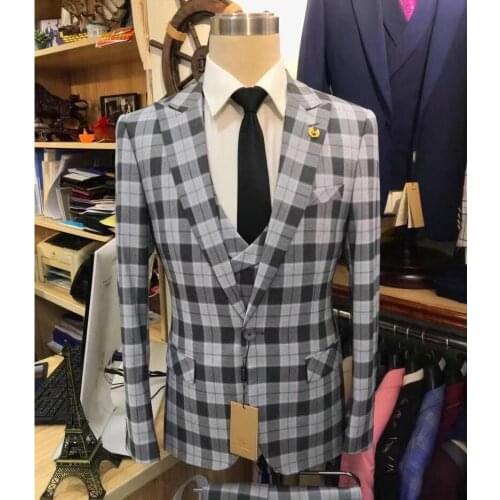 Classic White Grey Plaid Business Mens Suits 3 Pieces Tuxedo Groom Prom Wedding Suit Set Stage Singer Dress Blazer Vest Pants