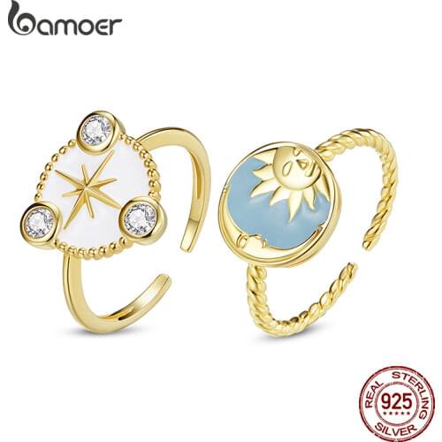 BAMOER Myth Gold 925 Sterling Silver Open Ring Splendid Sun Moon Ring Unique Hexagram Six-pointed Star Ring Adjustable Anillo