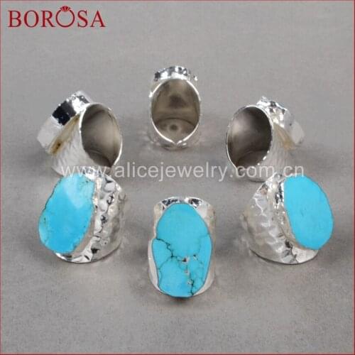 BOROSA 5Pcs Howlite Band Rings Freeform Blue Howlite Stone Cuff Ring Silver Color Quartz Druzy Jewelry Ring Gift for Lady S0208