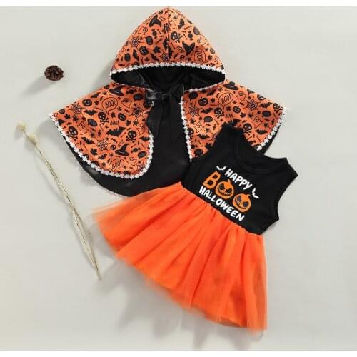 Ma&Baby 18M-5Y Toddler Kid Girls Halloween Costume Clothes Set Letter Pumpkin Dress Witch Cloak Outfits Party Clothing DD43