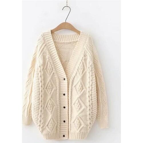 Lamtrip 2021 Autumn Winter Beige Twisted Geometric Loose Wide V-Neck Cardigan