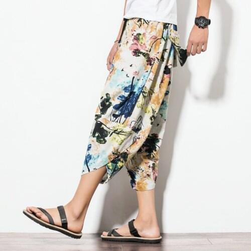 Hot Summer Men Casual Harem Pants Chinese Style Print Drop Crotch Pant Mens Loose Thin Trousers Male Drawstring Cross Pants 5XL