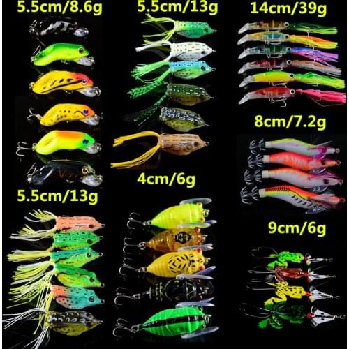 LINGYUE Set Mixed 7 Models 37pcs/lot Fishing Lures Frog bait and Squid Lure Mix Bass Crankbait Wobblers Fishing Tackle Wholesale