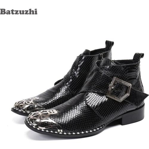 Batzuzhi Japanese Style Mens Shoes Boots Pointed Metal Toe Black Leather Ankle Boots Men Formal Leather Business Boots Short