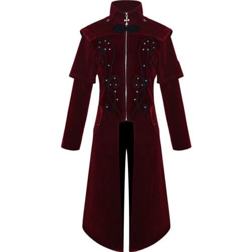 New Medieval Jacket Coat Monk Cosplay Costumes Red Gothic Long embroidery Steampunk Tuxedo suit Mens Trench coat