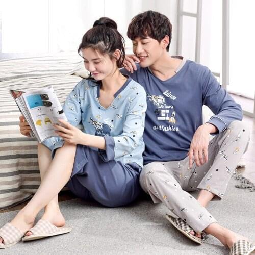 Women and men spring and autumn long sleeve trousers cotton couple pajamas 2019 new men and women casual two piece pajama sets