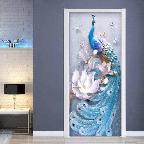 PVC Self-Adhesive Waterproof Door Sticker 3D Embossed Blue Peacock Photo Wall Mural Living Room Bedroom Home Decor Wallpaper 3 D