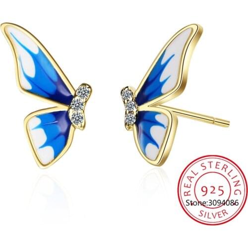 Real 925 Sterling Silver Blue Enamel Butterfly Stud Earrings For Fashion Women Party Fine Jewelry Cute Accessories Gift