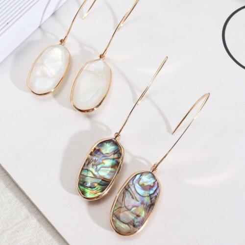 Copper Metal Gold Border Abalone Shell Oval Hoop Drop Earrings for Women Classic Designer Inspired Jewelry