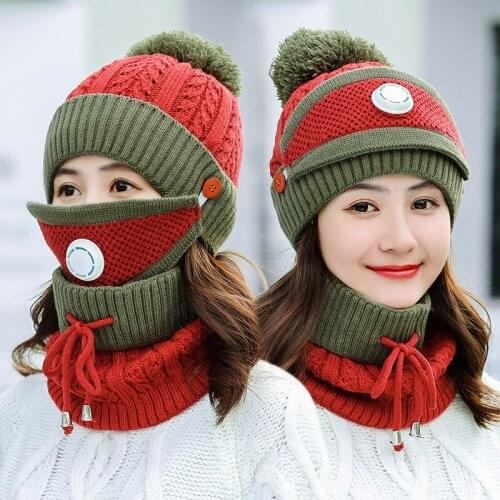 3pcs/set Winter Outdoor Cycling Beanies Hats for Women Girls Thick Plus Xmas Cap Winter Warm Knitted Hat with Mask Collar Bib
