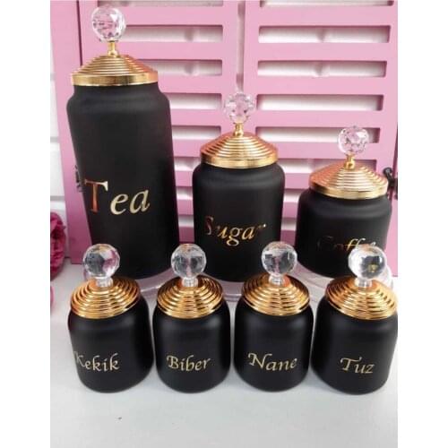 7 Piece Design Glass Jar Tea Candy Coffee Thyme Pepper Mint Salt Organizer Storage Box Set Kitchen Decorative Gold Color Lux