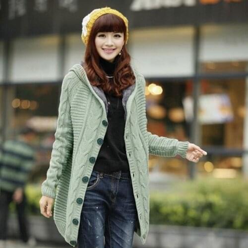Spring Korean Womens Winter Hooded Mid Long Thicken Sweater Female Warm Cardigan Slim Fit Coat Warm Coat Outwear Plus Size