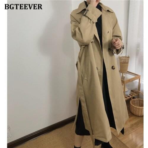 BGTEEVER Vintage Belted Loose Double Breasted Women Windbreaker 2021 Spring Turn-down Collar Full Sleeve Female Long Trench Coat