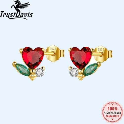 TrustDavis 925 Sterling Silver Fashion Womens Jewelry Romantic Red Heart With CZ Stud Earring Gift For Girls Kids Lady DB1236