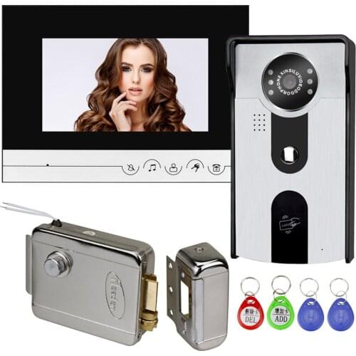 7'' Wired Video Intercom System Video Doorbell RFID Access Control Color Monitor with 700TVL IR Camera Waterproof Keyfobs Unlock