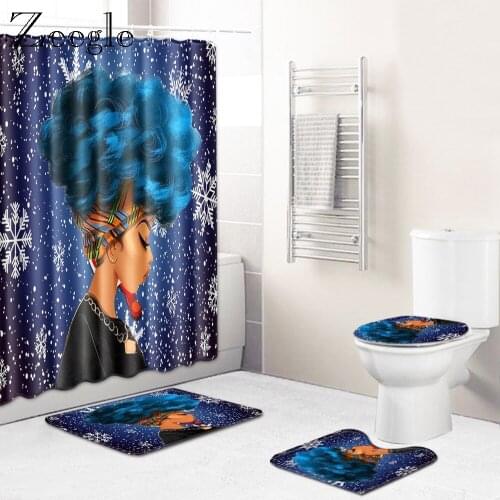 Zeegle 4pcs Bath Mat Set African Waterproof Shower Curtain Flannel Absorbent Toilet Pedestal Rug Shower Mat Toilet Cover Rug