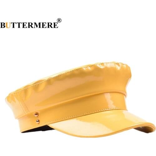 BUTTERMERE Patent Leather Military Hat Women Solid Yellow Fashion Hats Ladies Flat Cap Spring Autumn Female Brand Sailor Hat