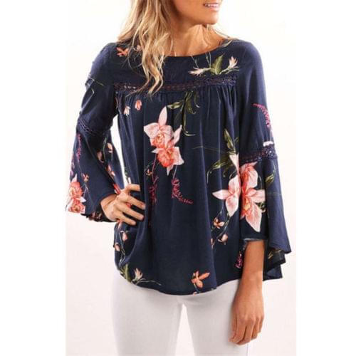 Women Vintage Floral Blousers Autumn Spring Long Flare Sleeves Casual Chiffon Blouse Top New 2017