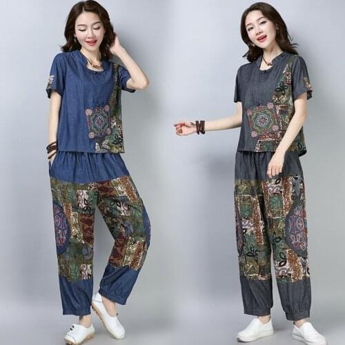 Summer Retro womens sets National style new Chinese style embroidery Tops+ loose bloomers two-piece large size denim Pants suit