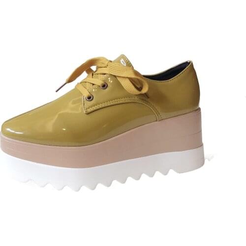 2021 Autumn Womens Platform Wedge Heel Casual Square Toe Platform Shoes Breathable Loafers Shoes Black Student Leather Flats