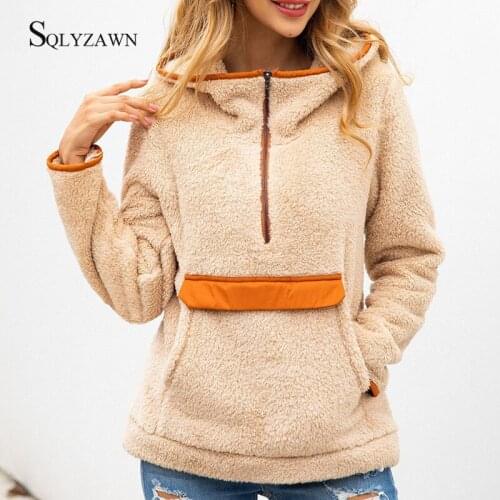 Women Fleece Long Sleeve Hoodie Pullover Fall Winter Streetwear Fuzzy Casual Loose Sweatshirt Korean Kawaii Pocket Pink Clothes