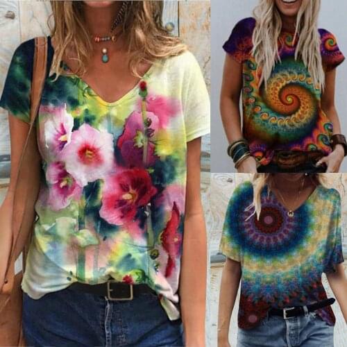 Womens fashion 3D full body printing V-neck short sleeve casual 2021 new top hot summer womens wear high and thin womens wear