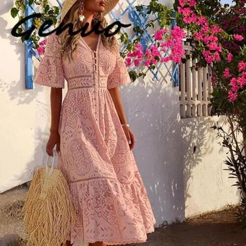 Genuo New 2019 Women Elegant Embroidered Lace Dress Pink Buttons High Waist Female Dress Floral Hollow Out Slim Party Vestidos